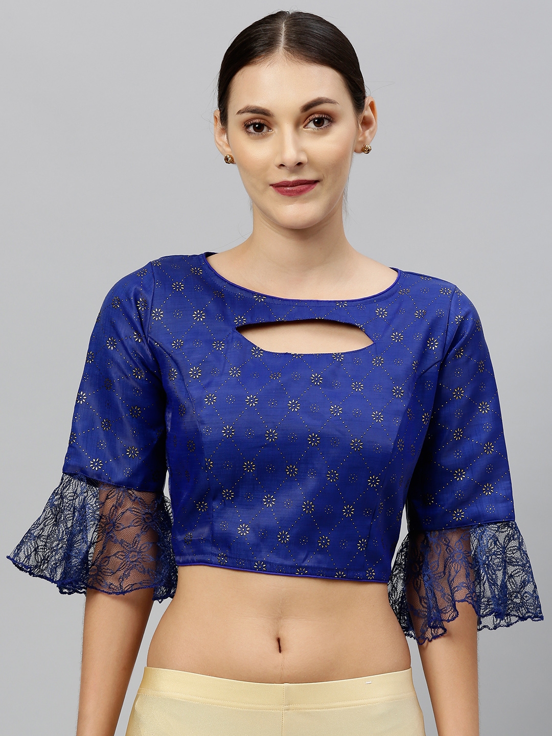 Buy Amrutam Fab Women Navy Blue Embellished Silk Saree Blouse With Lace ...