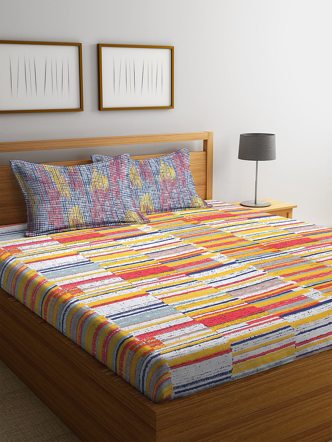 Buy BOMBAY DYEING White And Yellow 120 TC Cotton 1 Queen Bedsheet With