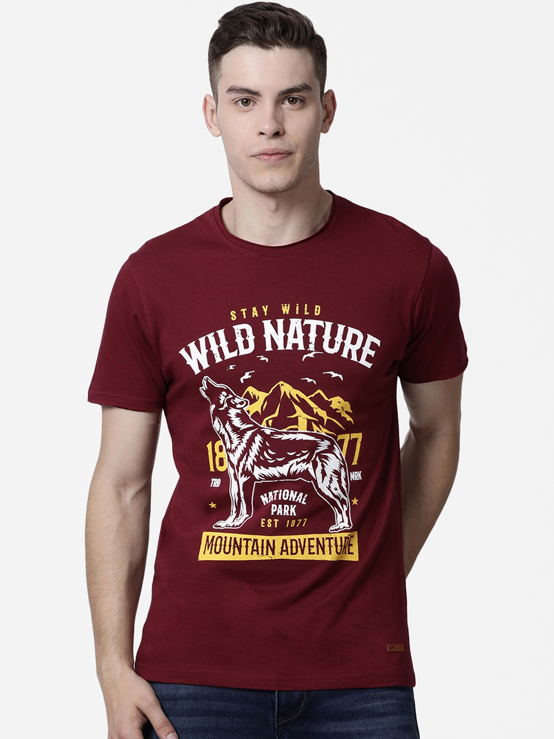 Buy RUG WOODS Men Maroon Printed Round Neck Pure Cotton T Shirt