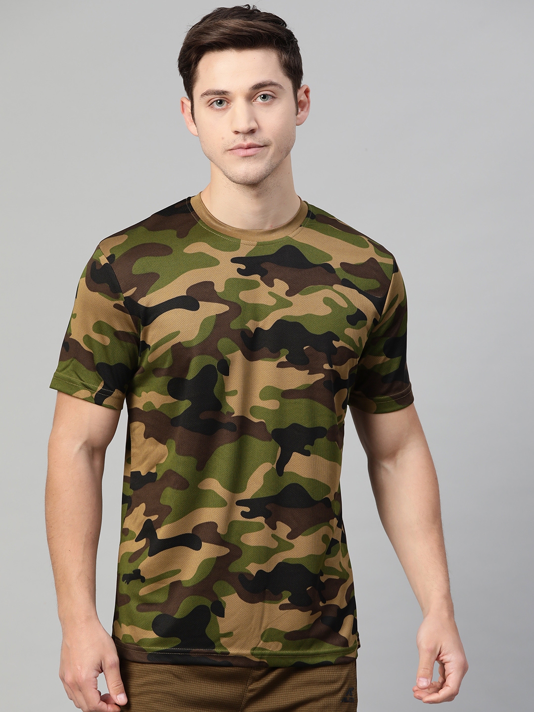 Buy Alcis Men Olive Green & Khaki Camouflage Print Round Neck T Shirt ...
