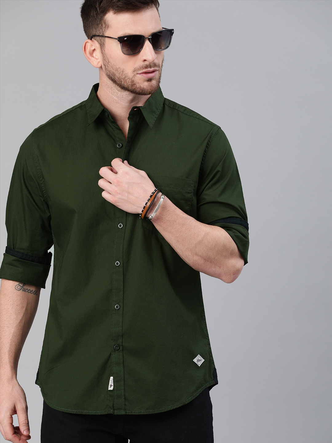 Buy Roadster Men Olive Green Pure Cotton Sustainable Casual Shirt