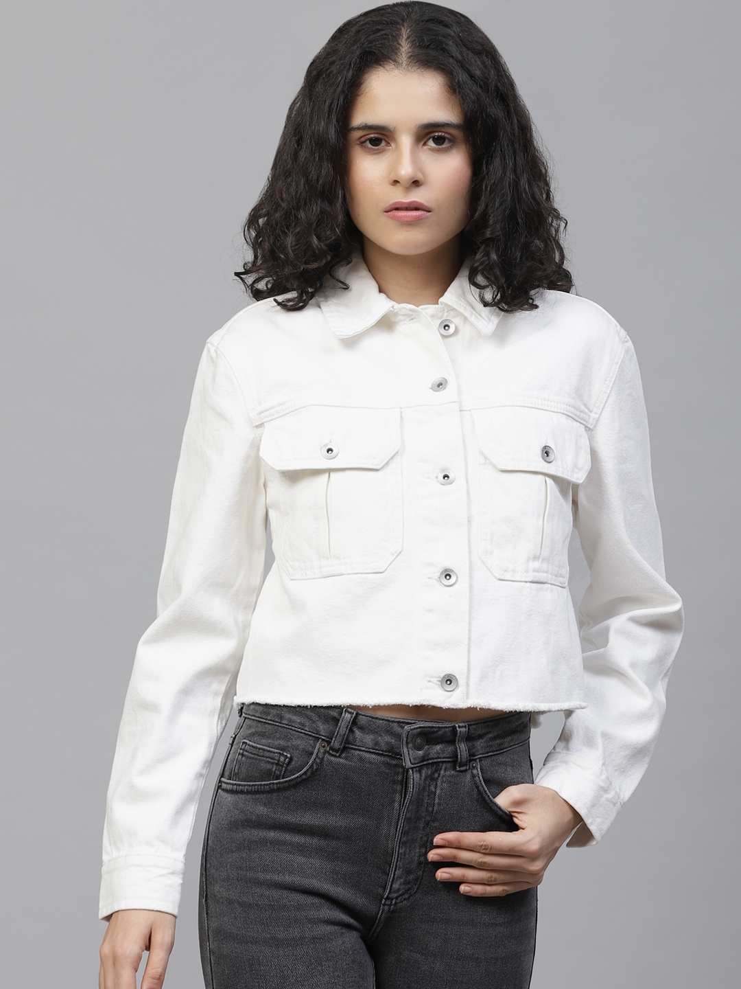 Buy Marks & Spencer Women White Solid Cropped Denim Jacket - Jackets ...