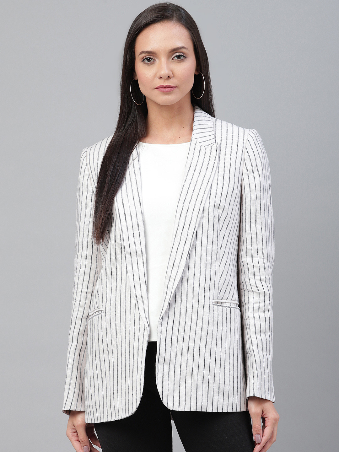 Buy Marks & Spencer Women White & Grey Relaxed Regular Fit Striped Open