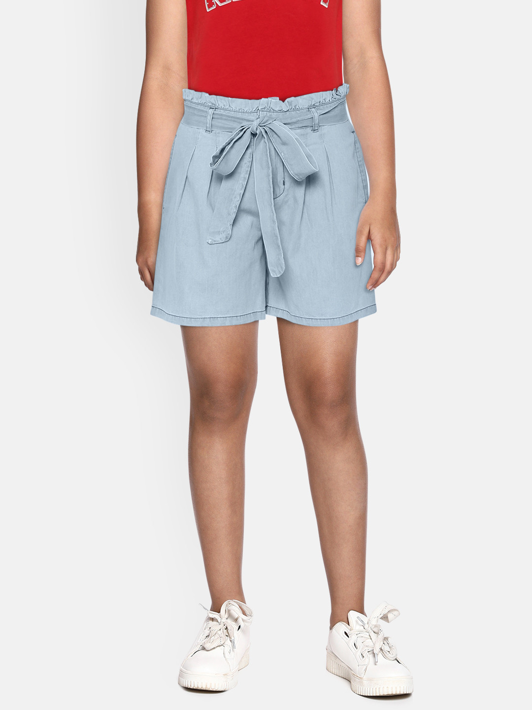 Buy YK Girls Blue Solid Flared Denim Shorts Shorts for Girls 11920866
