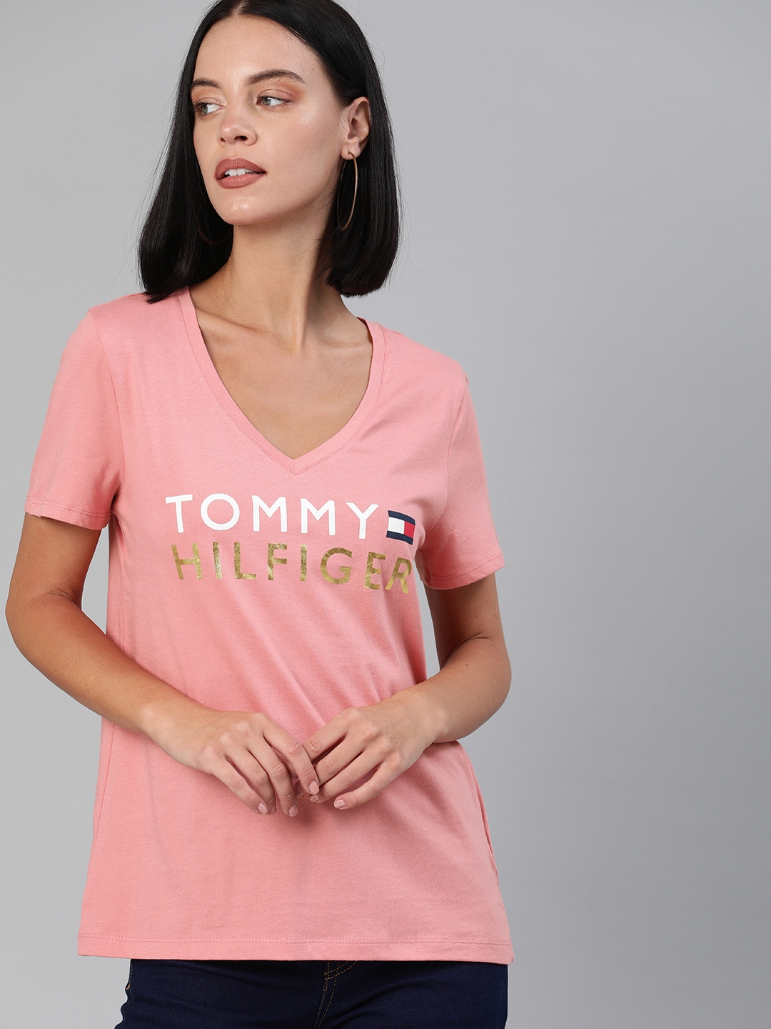 Buy Tommy Hilfiger Women Pink Printed V Neck Pure Cotton T Shirt Tshirts For Women 11925994