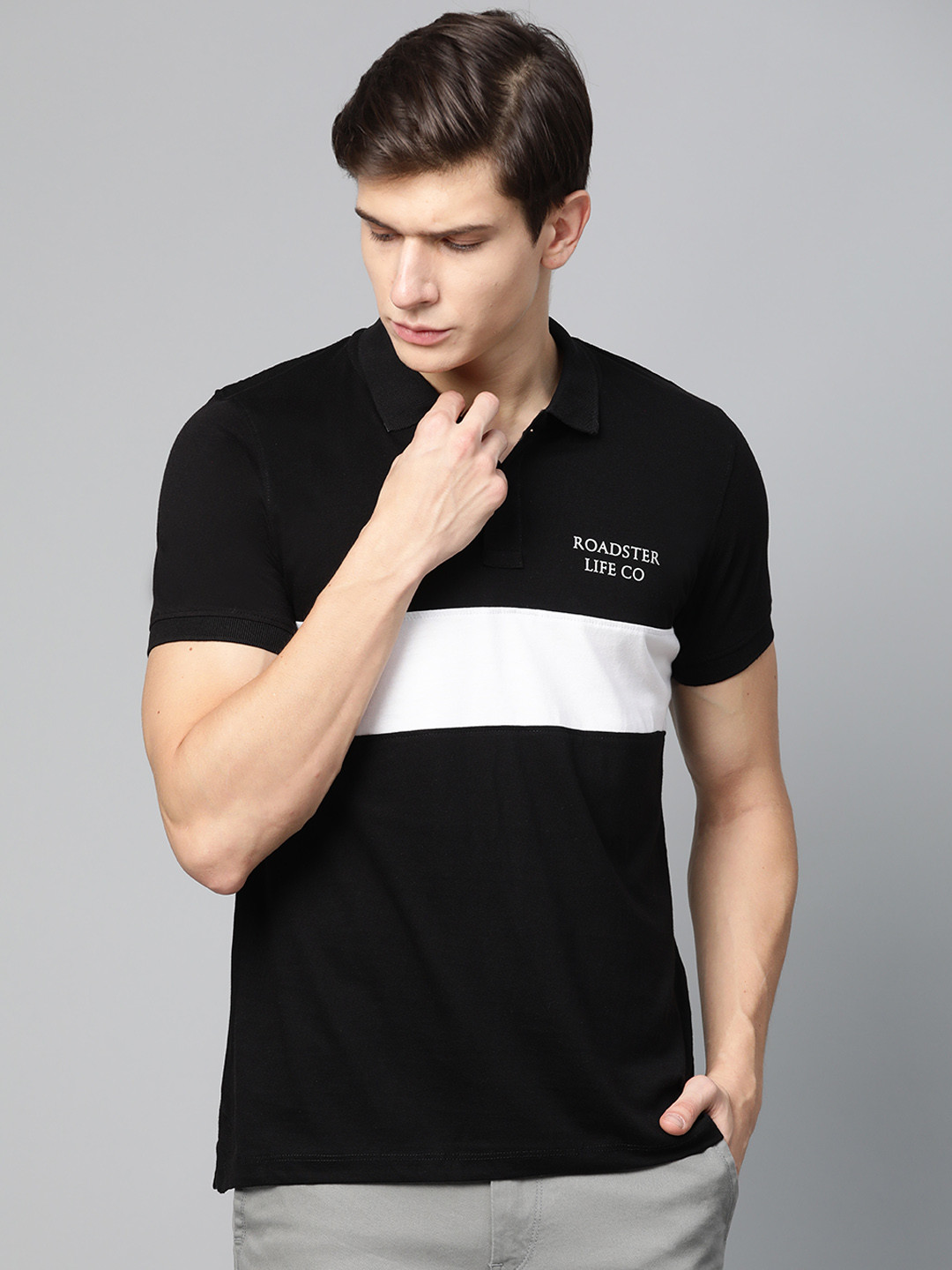 Buy Roadster Men Black & White Colourblocked Polo Collar T Shirt