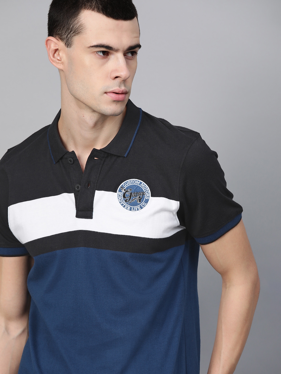 Buy Roadster Men Blue & White Colourblocked Polo Collar T Shirt ...