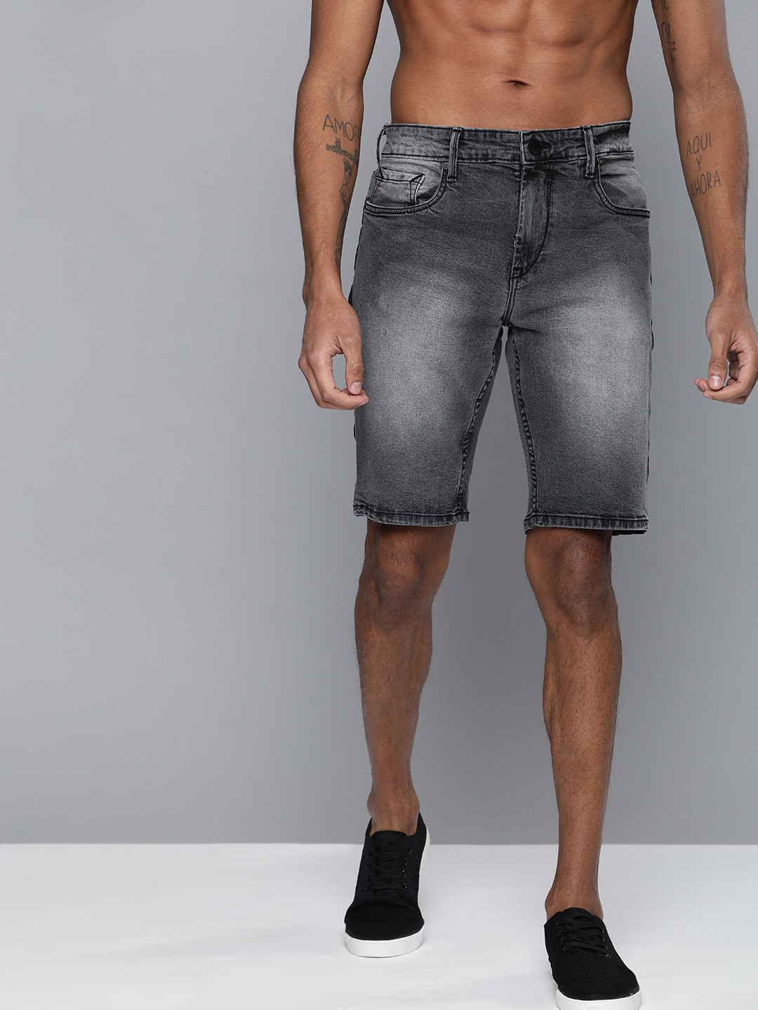 Buy HERE&NOW Men Grey Washed Regular Fit Denim Shorts Shorts for Men