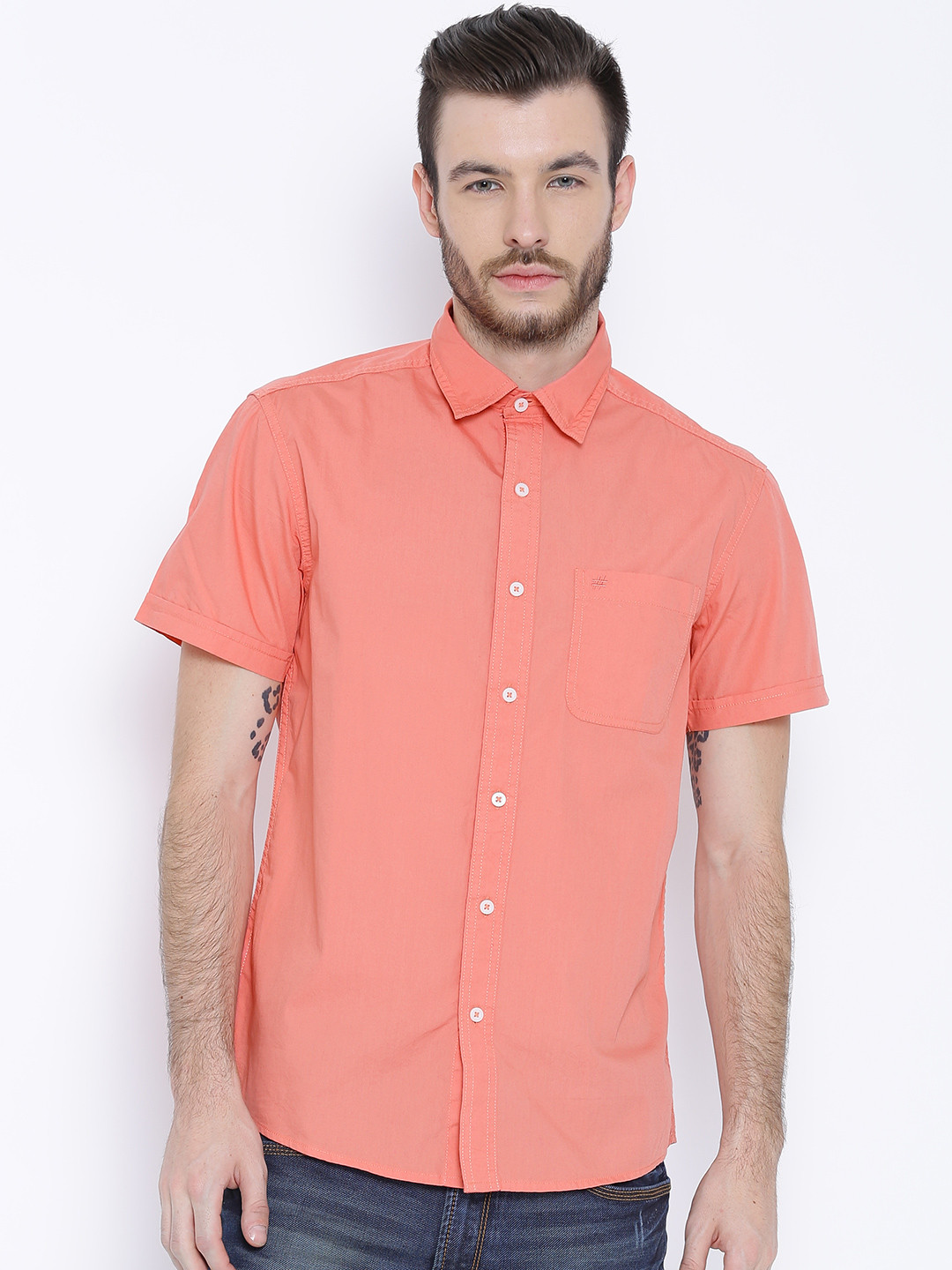 Buy People Coral Pink Slim Fit Casual Shirt Shirts for Men 1194965