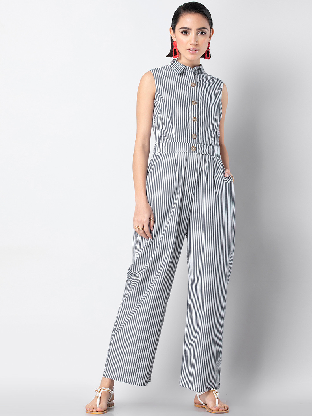 Buy FabAlley Women Grey & White Striped Jumpsuit Jumpsuit for Women