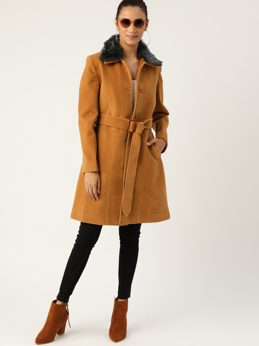 Buy DressBerry Women Beige Solid Single Breasted Knee Length Faux Fur