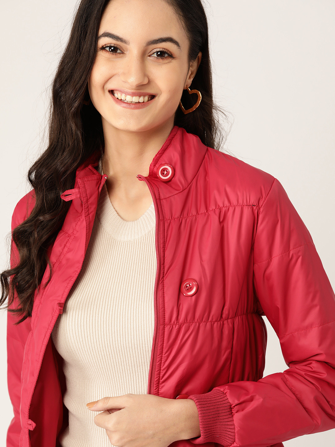 Buy DressBerry Women Red Solid Longline Bomber Jacket Jackets for