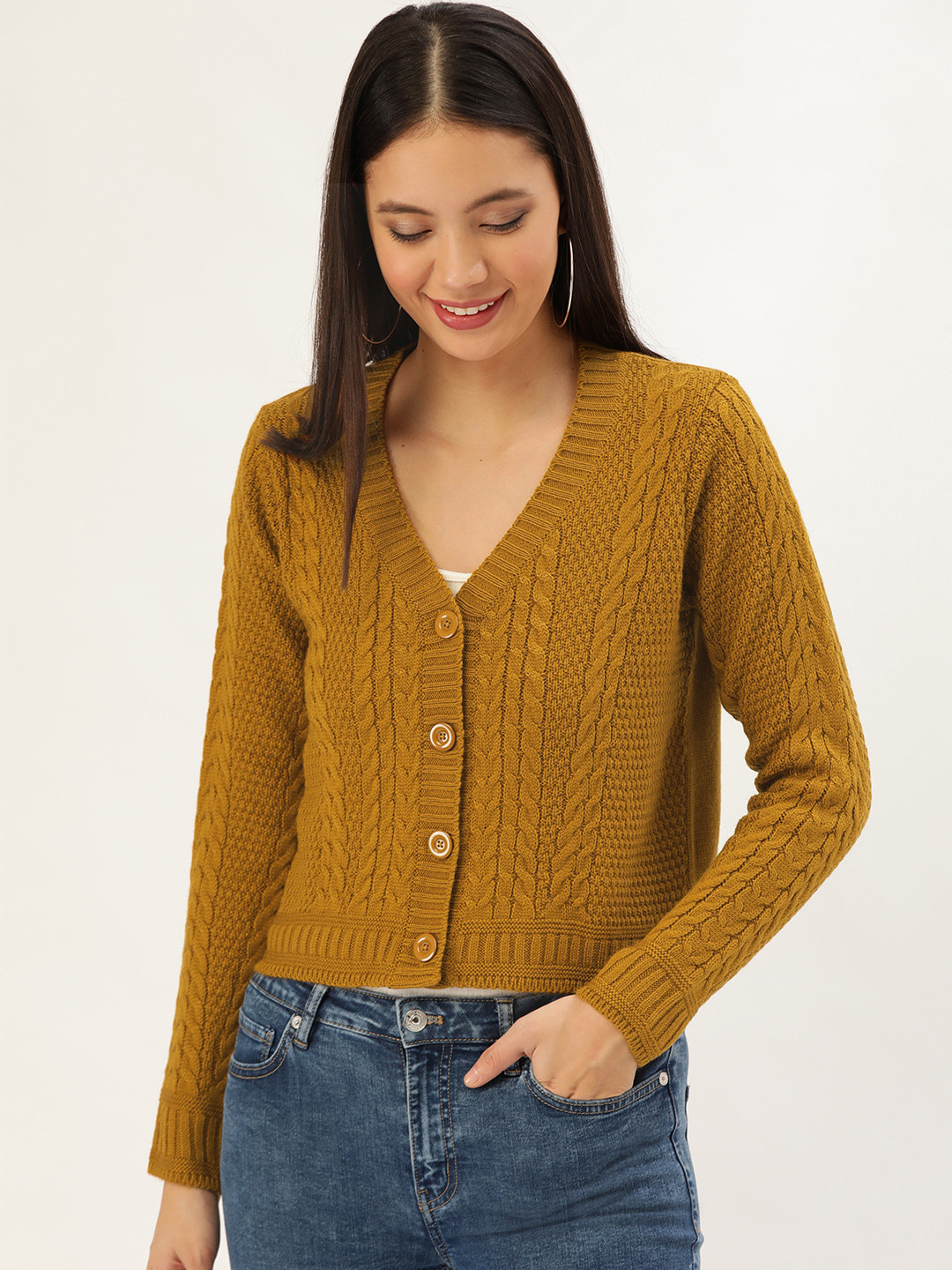 Buy DressBerry Women Mustard Brown Cable Knit Cardigan Sweaters for