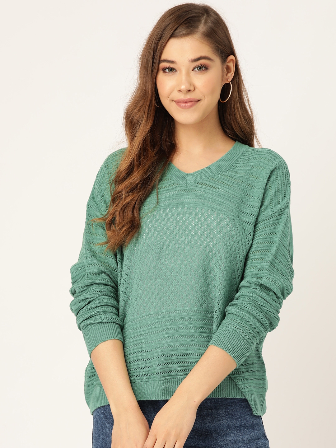 Buy DressBerry Women Green Open Knit Pullover Sweater - Sweaters for ...