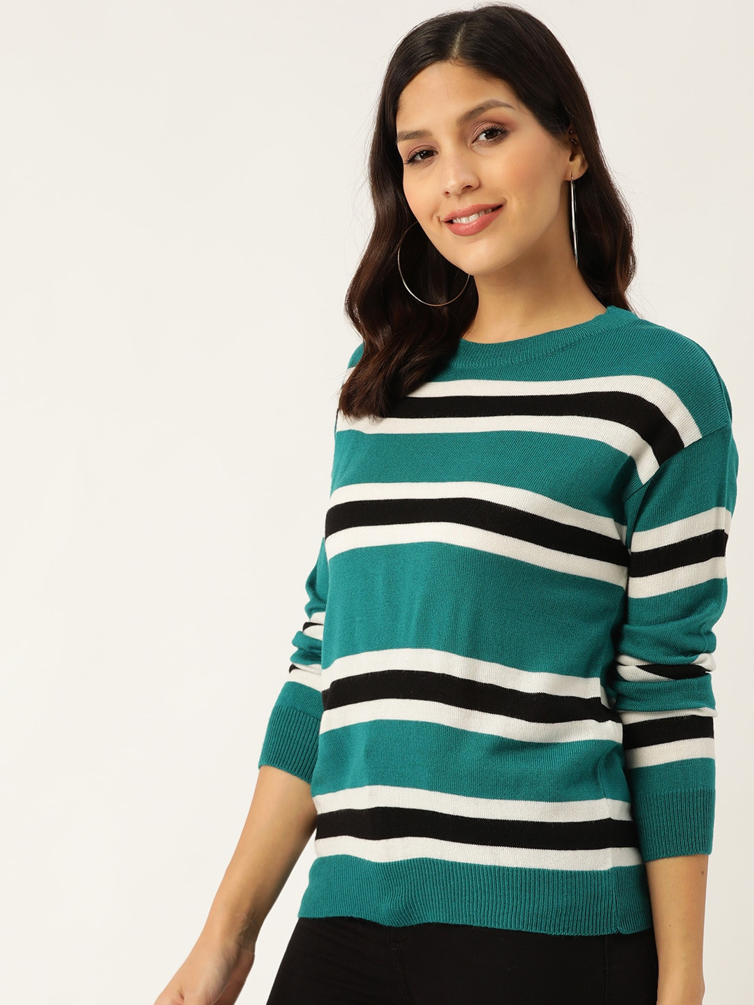 Buy DressBerry Women Teal Green & Black Striped Pullover Sweater Sweaters for Women 11951914