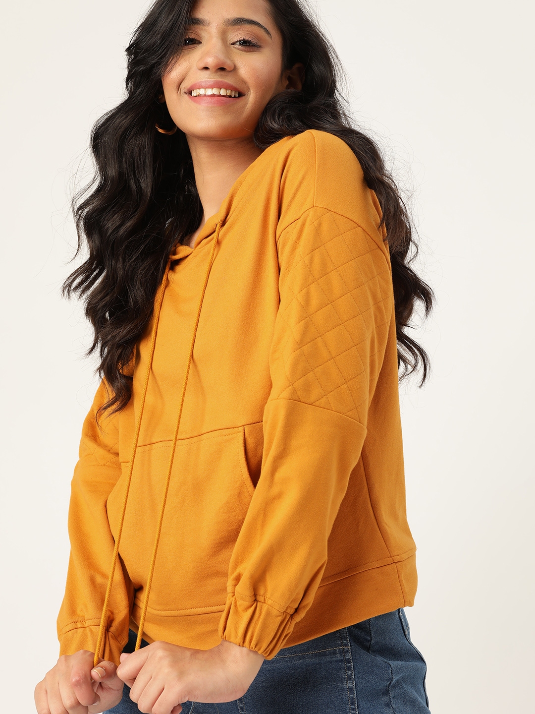 Buy DressBerry Women Mustard Yellow Solid Hooded Sweatshirt