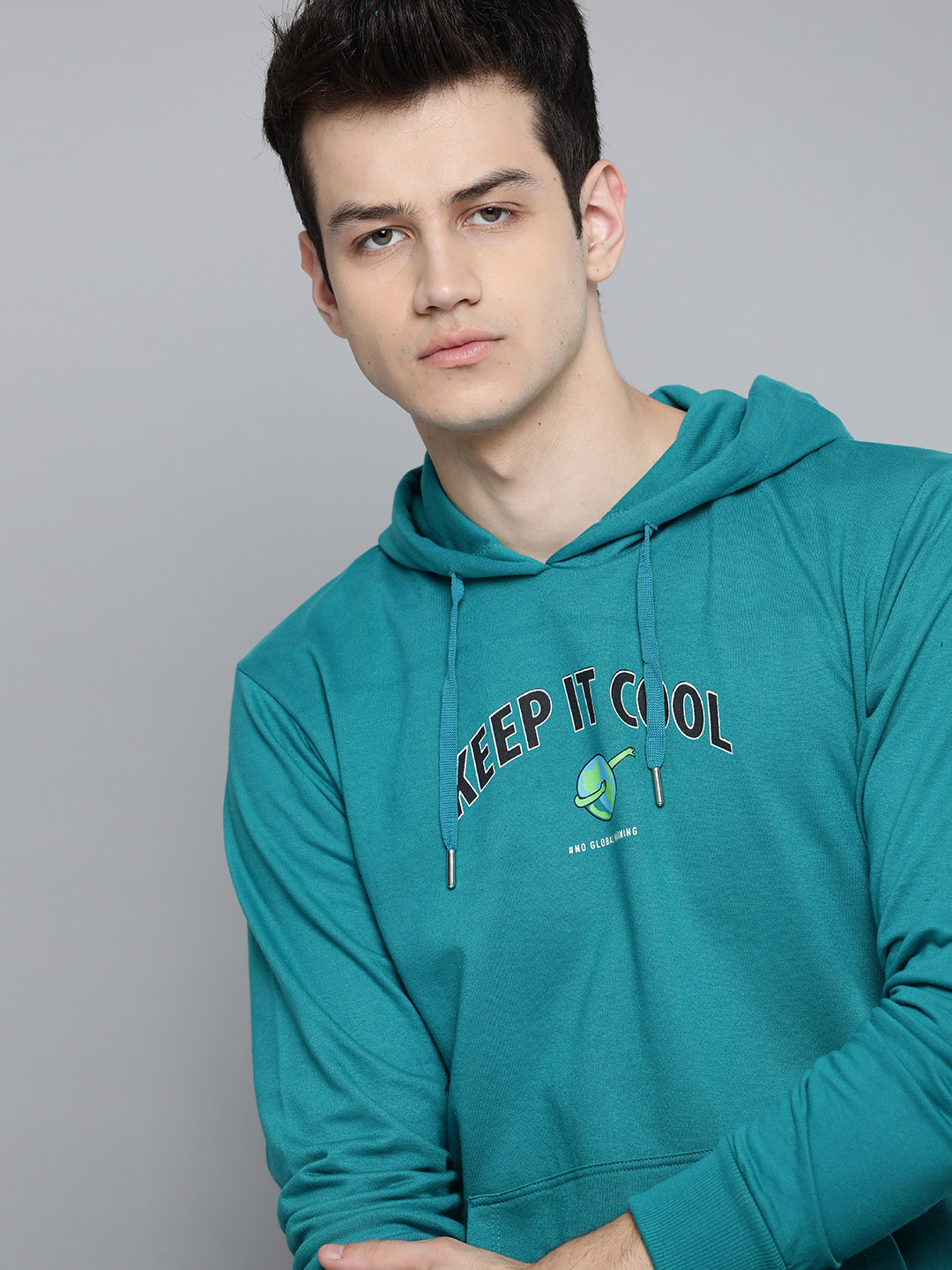 Buy Kook N Keech Men Teal Green Solid Hooded Sweatshirt With Printed Detail - Sweatshirts for 