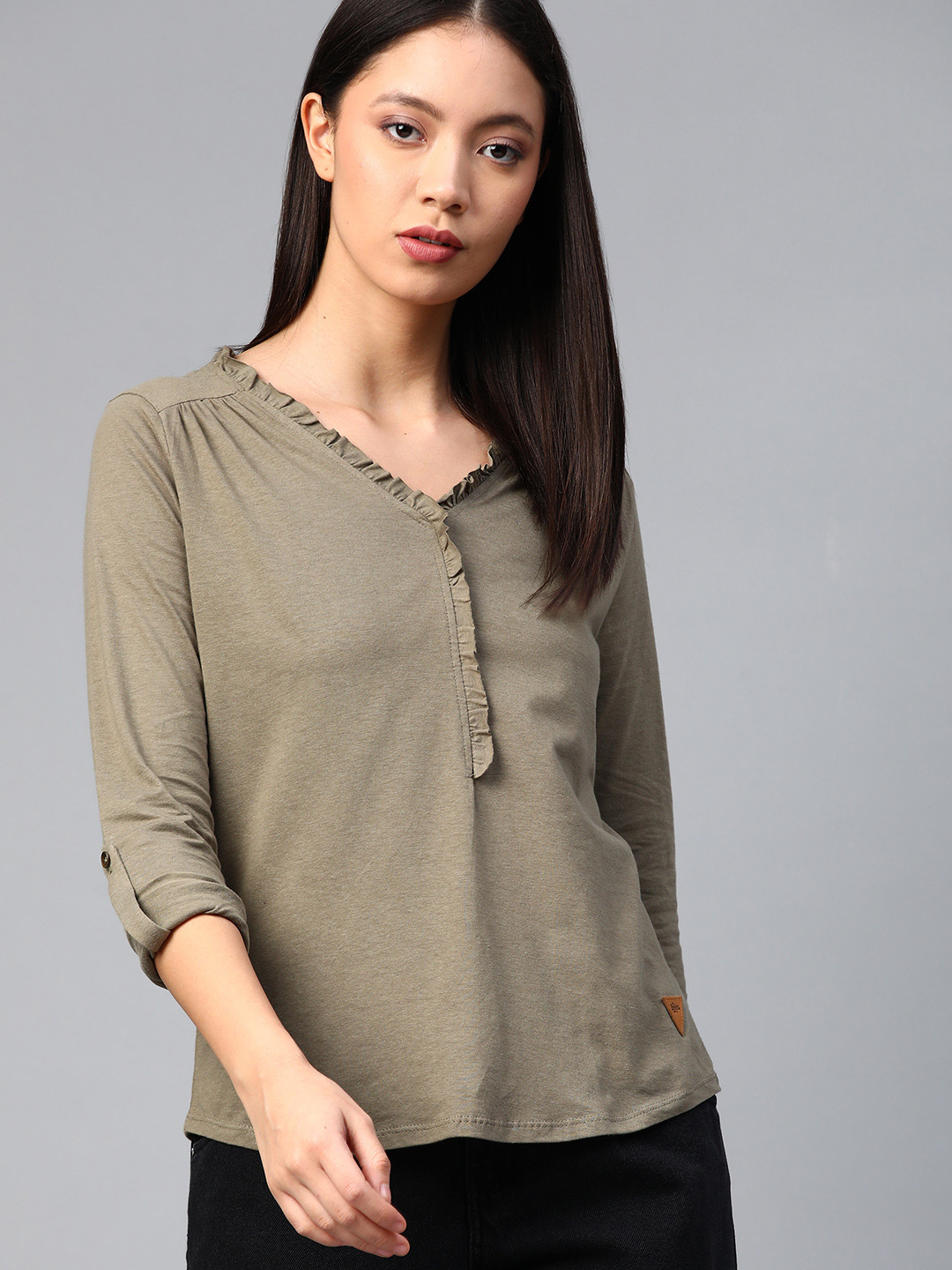 Buy Roadster Women Olive Green Frilled Solid Top Tops for Women