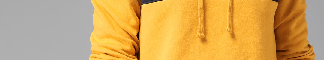 Buy Roadster Men Mustard Yellow & Navy Blue Solid Hooded Sweatshirt ...