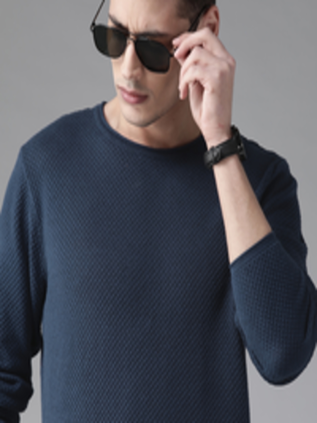 Buy Roadster Men Navy Blue Self Design Pullover - Sweaters for Men ...