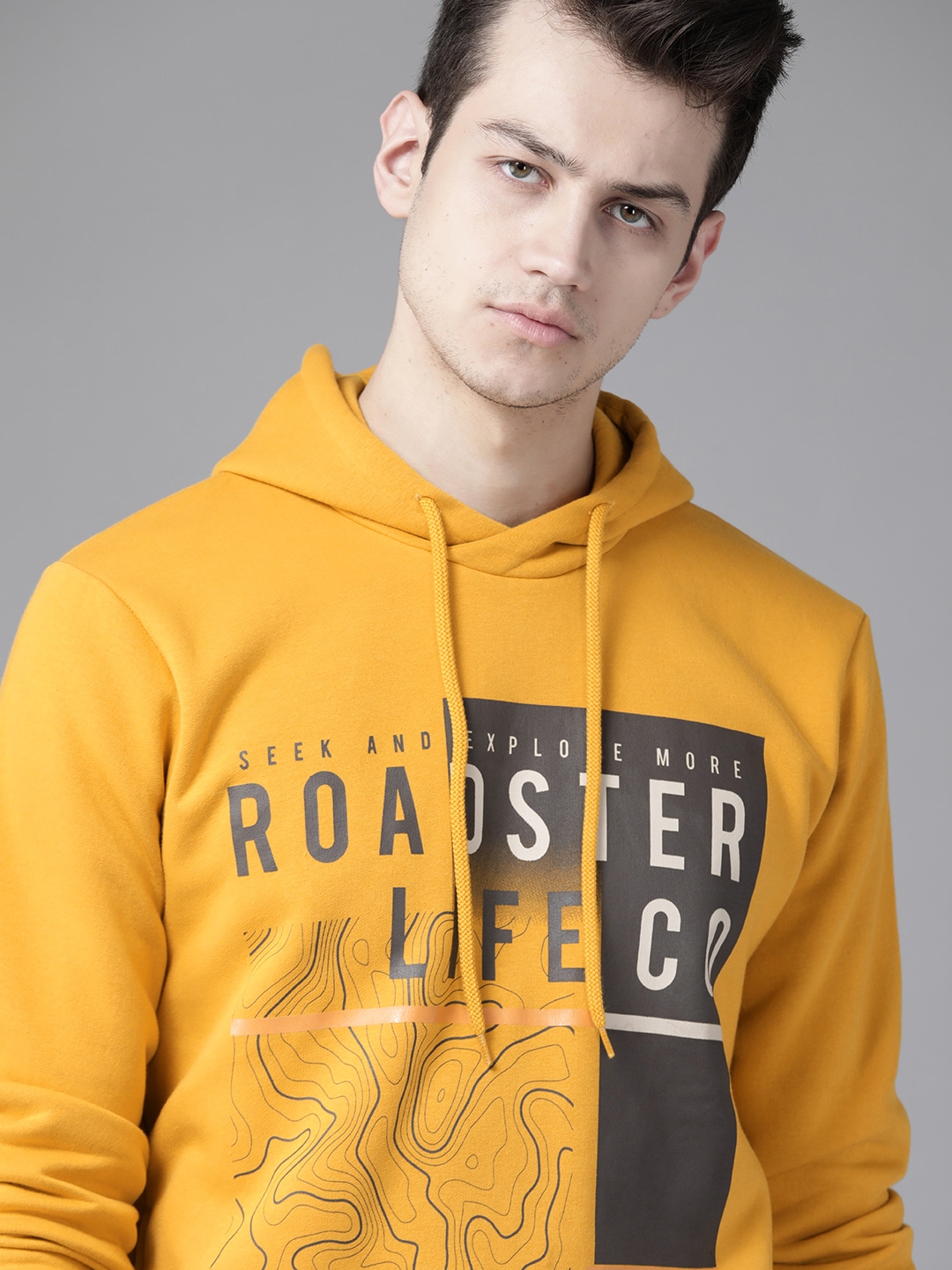 Buy Roadster Men Mustard Yellow & Charcoal Grey Printed Hooded ...
