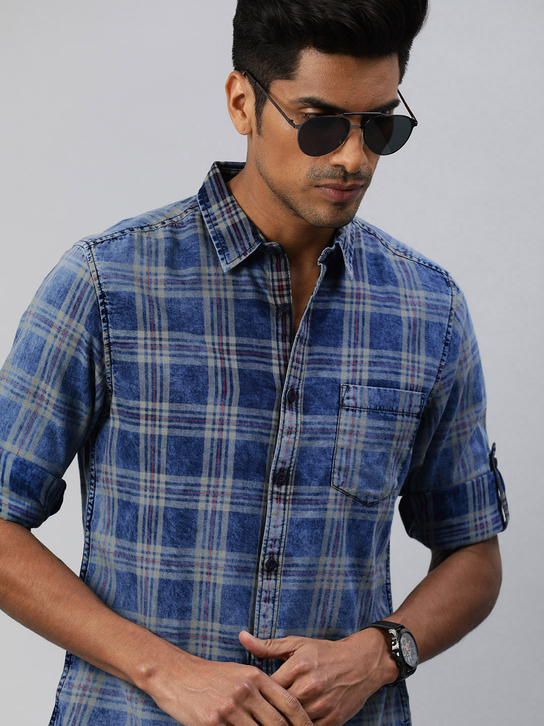 Buy Roadster Men Blue & Grey Regular Fit Checked Casual Shirt Shirts