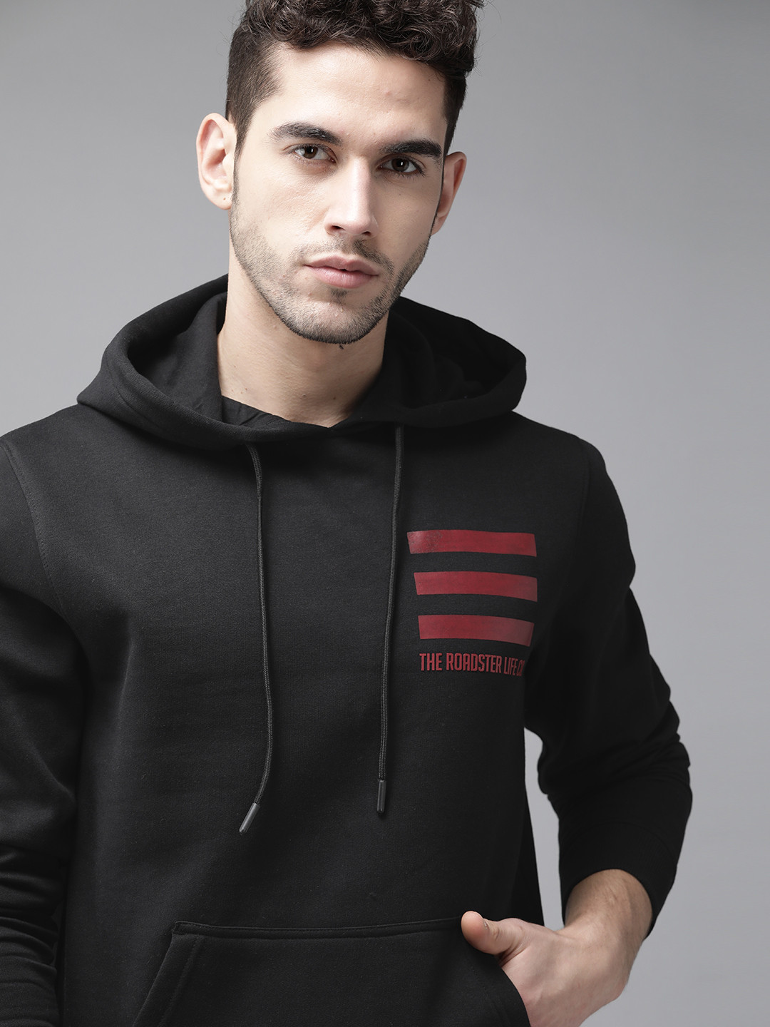 Buy Roadster Men Black Solid Hooded Sweatshirt With Printed Detail