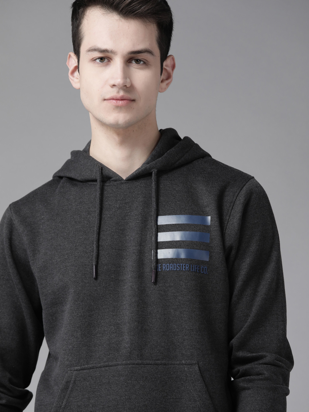 Buy Roadster Men Charcoal Grey Solid Hooded Sweatshirt Sweatshirts