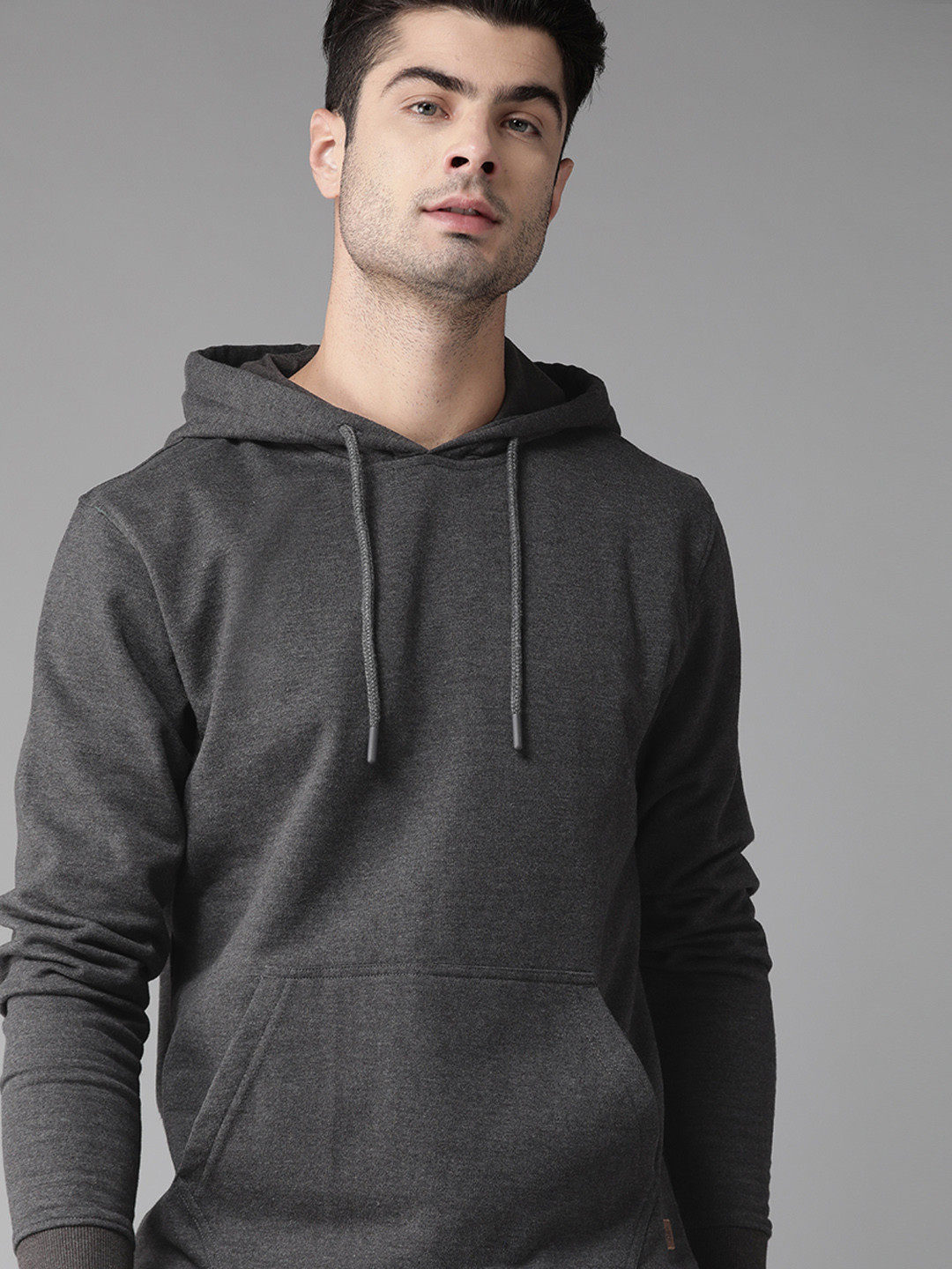 Buy Roadster Men Charcoal Grey Solid Hooded Sweatshirt Sweatshirts