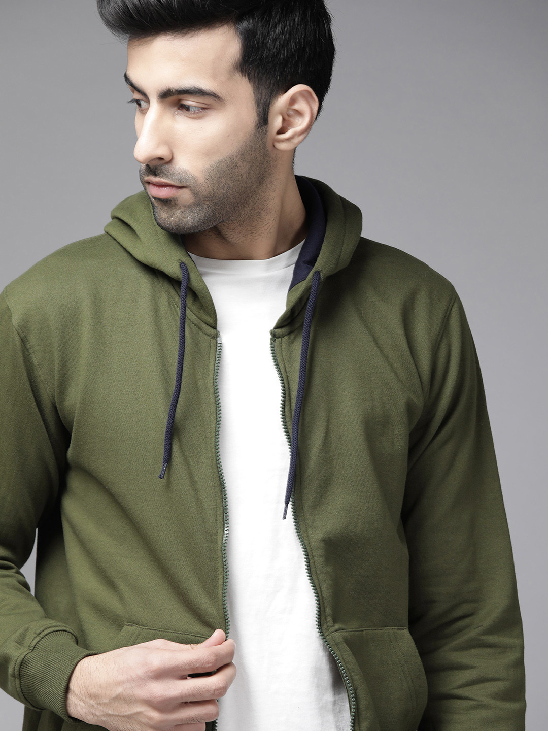 Buy Roadster Men Olive Green Solid Hooded Sweatshirt Sweatshirts for