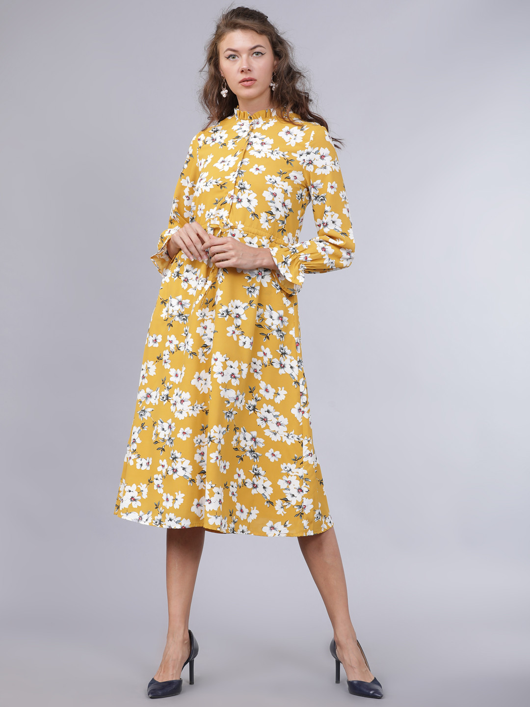 Buy Mumbai Slang Chic Women Mustard Yellow Floral Printed Fit And Flare