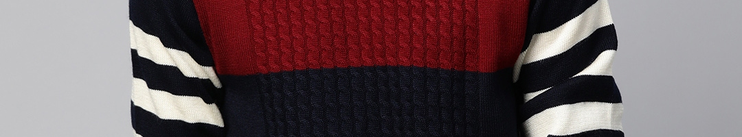 Buy Roadster Men Navy Blue & Maroon Colourblocked Cable Knit Pullover ...