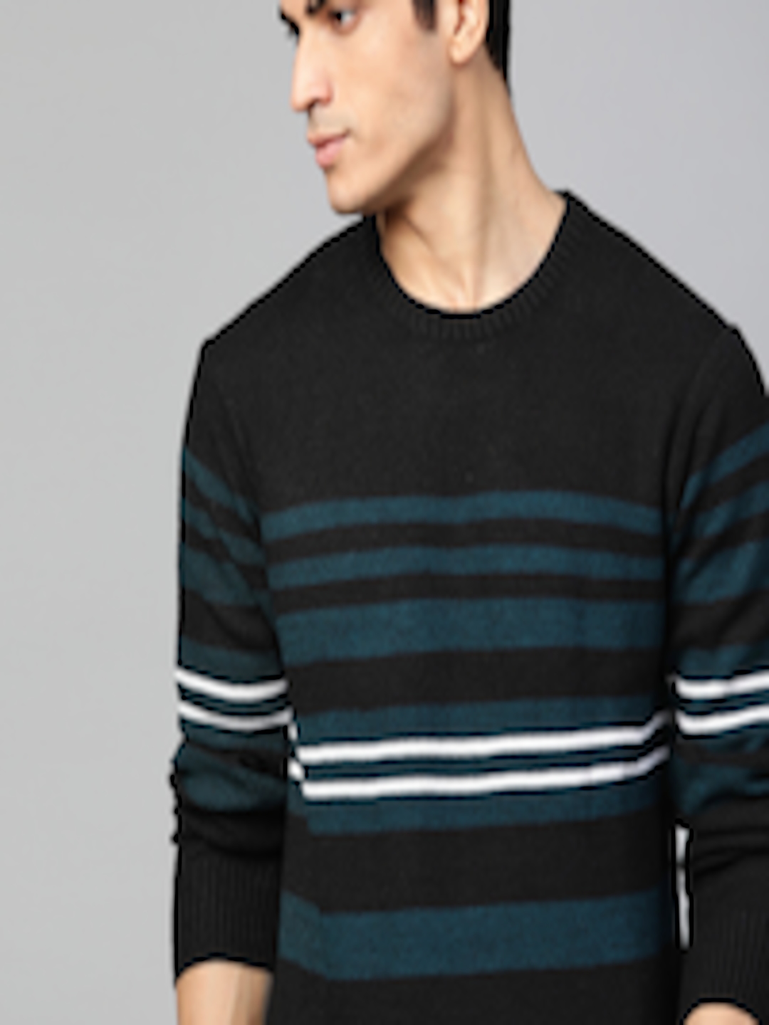 Buy Roadster Men Black & Teal Blue Striped Pullover Sweater - Sweaters ...
