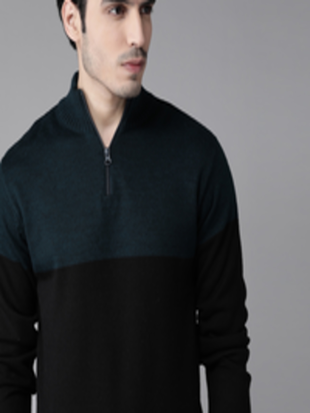 Buy Roadster Men Black & Teal Blue Colourblocked Pullover - Sweaters ...