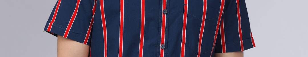 Buy LOCOMOTIVE Men Navy Blue & Red Slim Fit Striped Casual Shirt ...