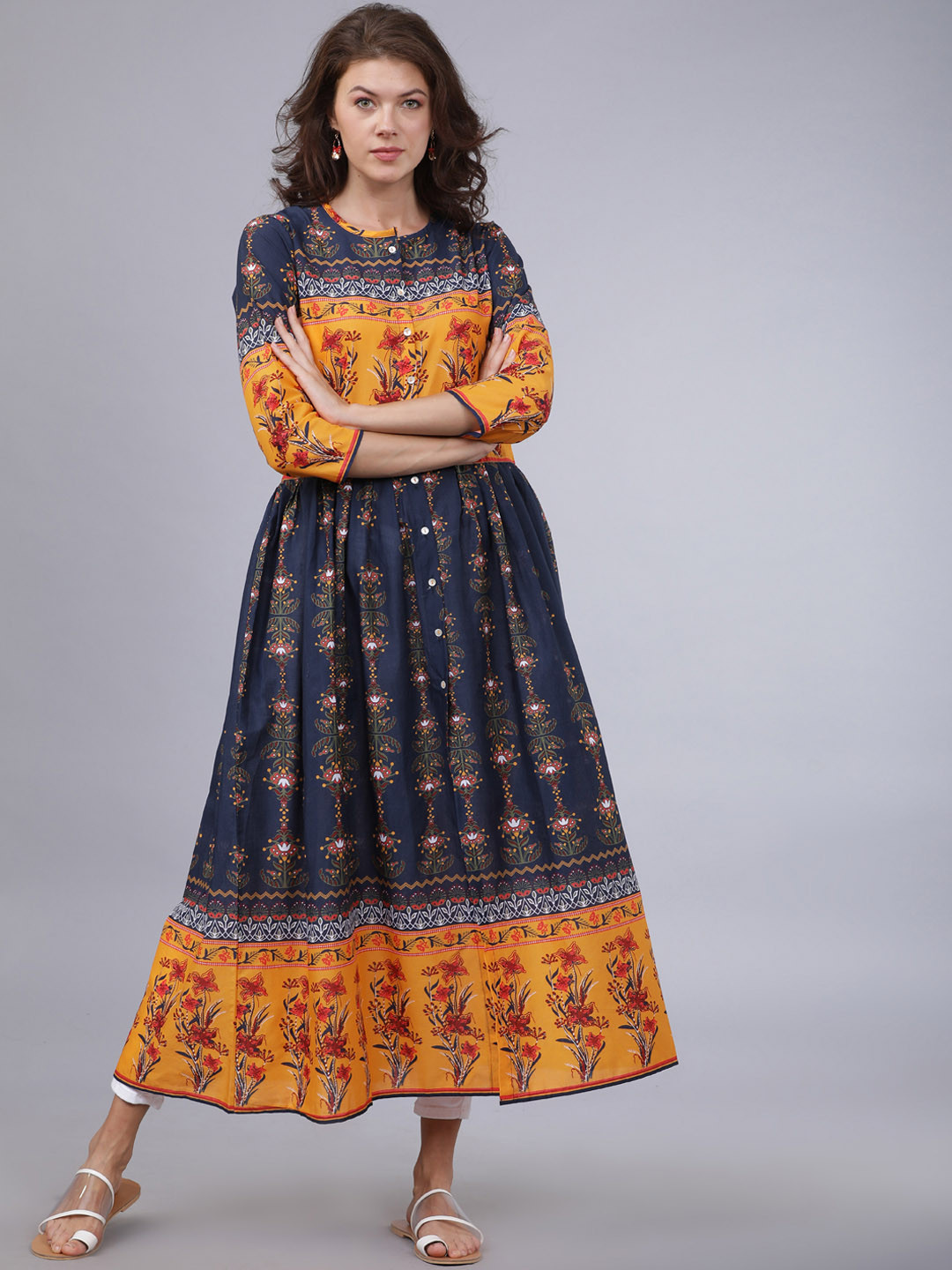 Women's Mustard Floral Printed A-Line Kurta