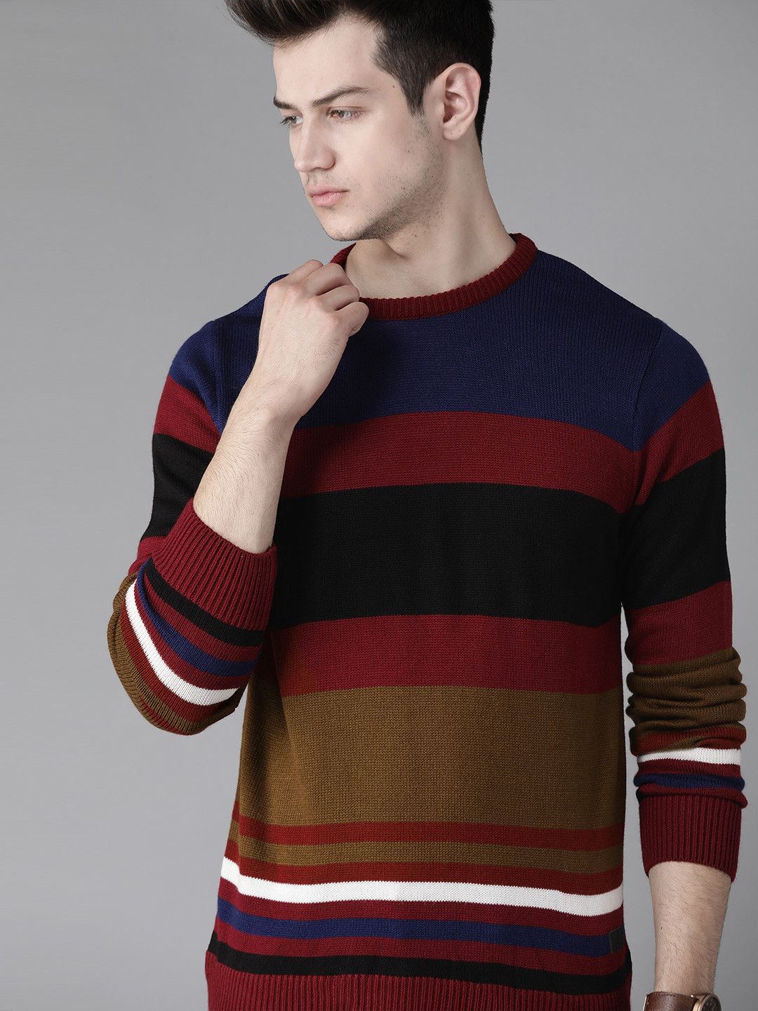 Buy Roadster Men Multicoloured Striped Acrylic Pullover Sweaters for