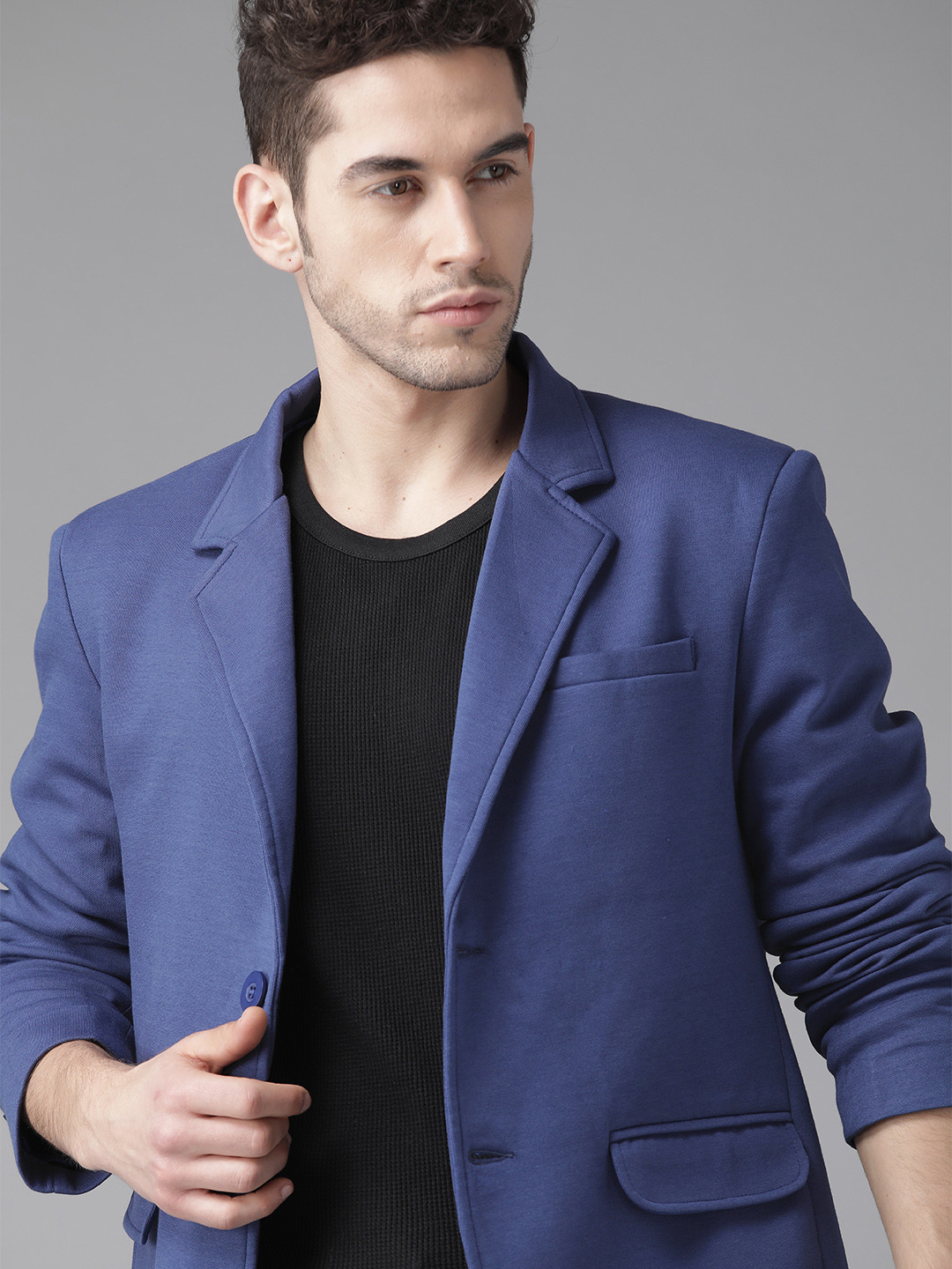 Buy Roadster Men Navy Blue Solid Single Breasted Casual Blazer