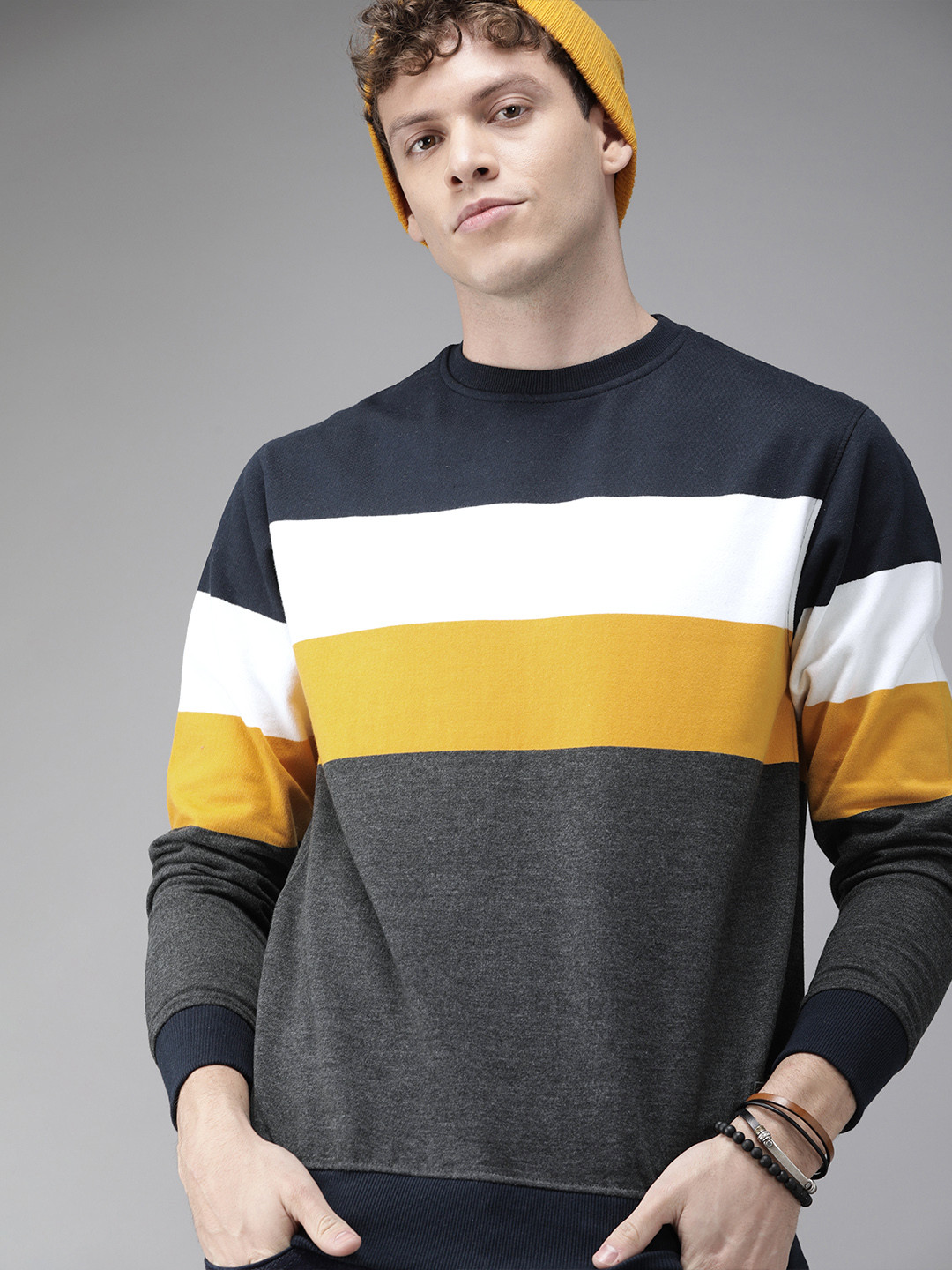Buy Roadster Men Charcoal Grey & Navy Blue Colourblocked Sweatshirt