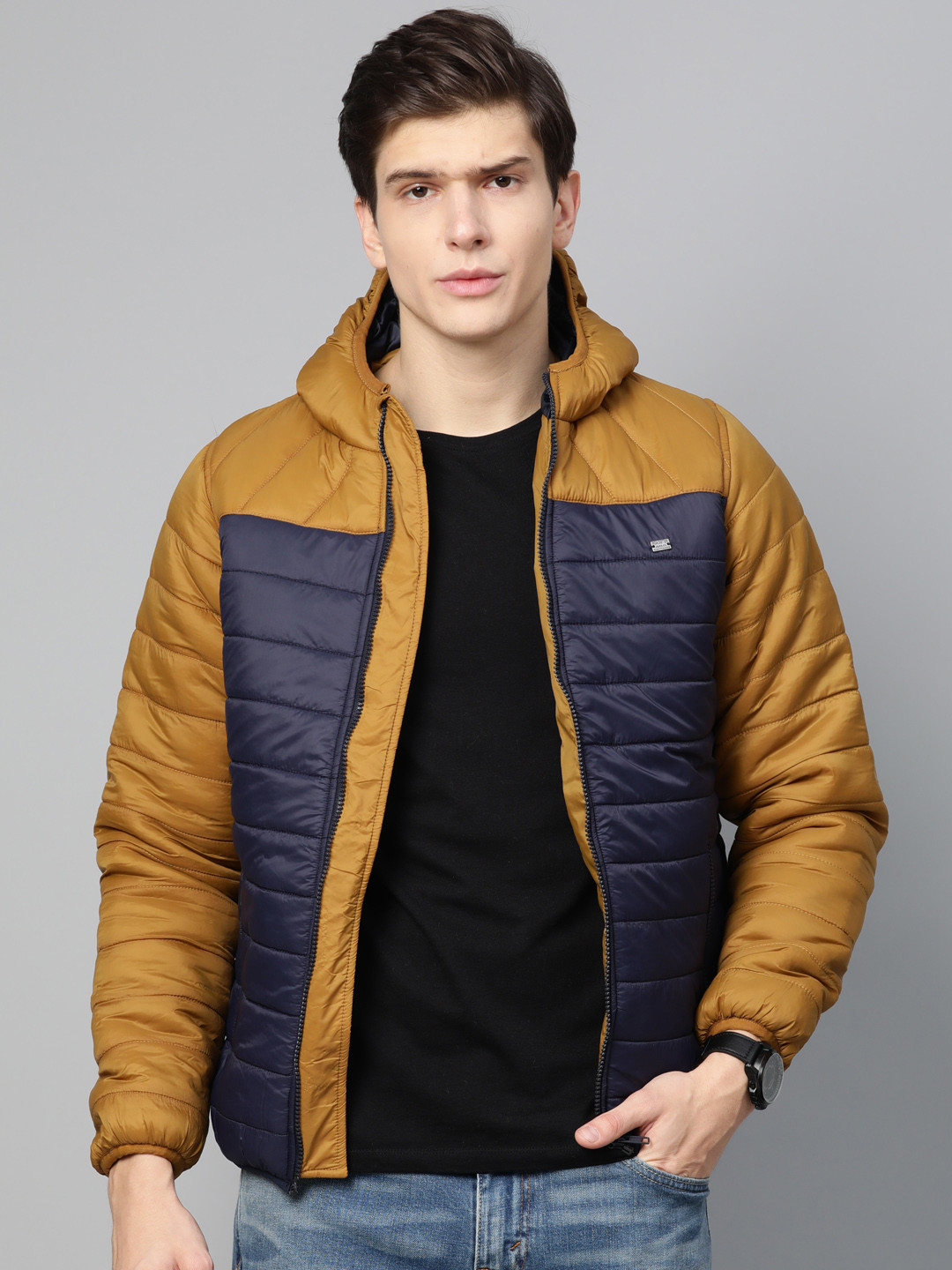 Buy Roadster Men Mustard Brown & Navy Blue Colourblocked Hooded Padded