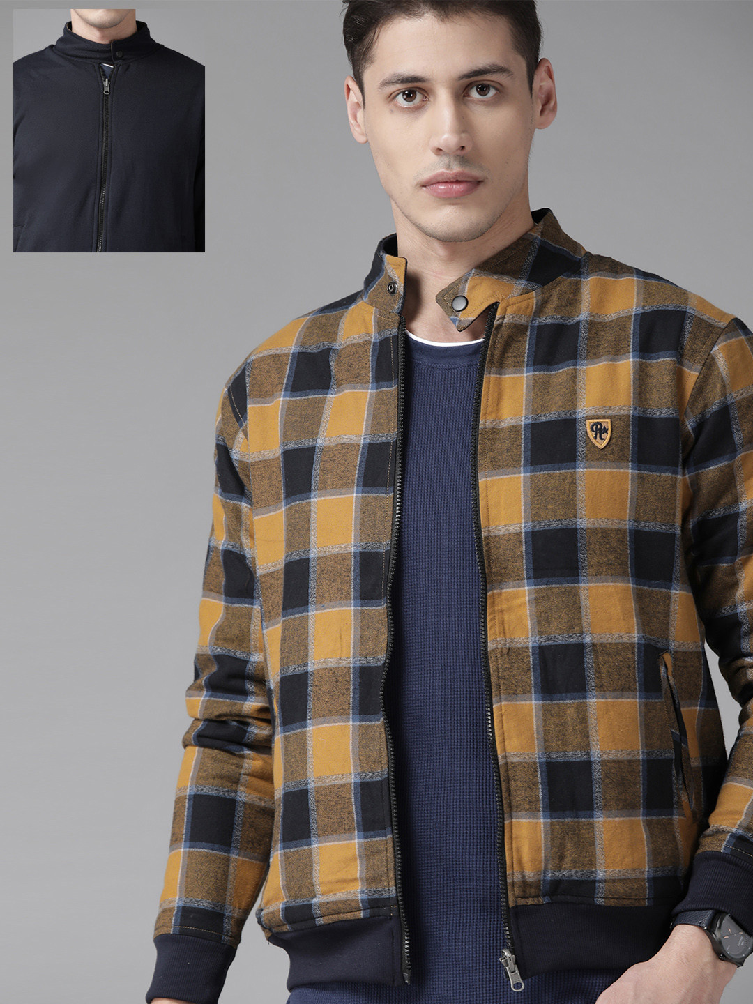 Buy Roadster Men Mustard Brown & Navy Blue Checked Reversible Bomber