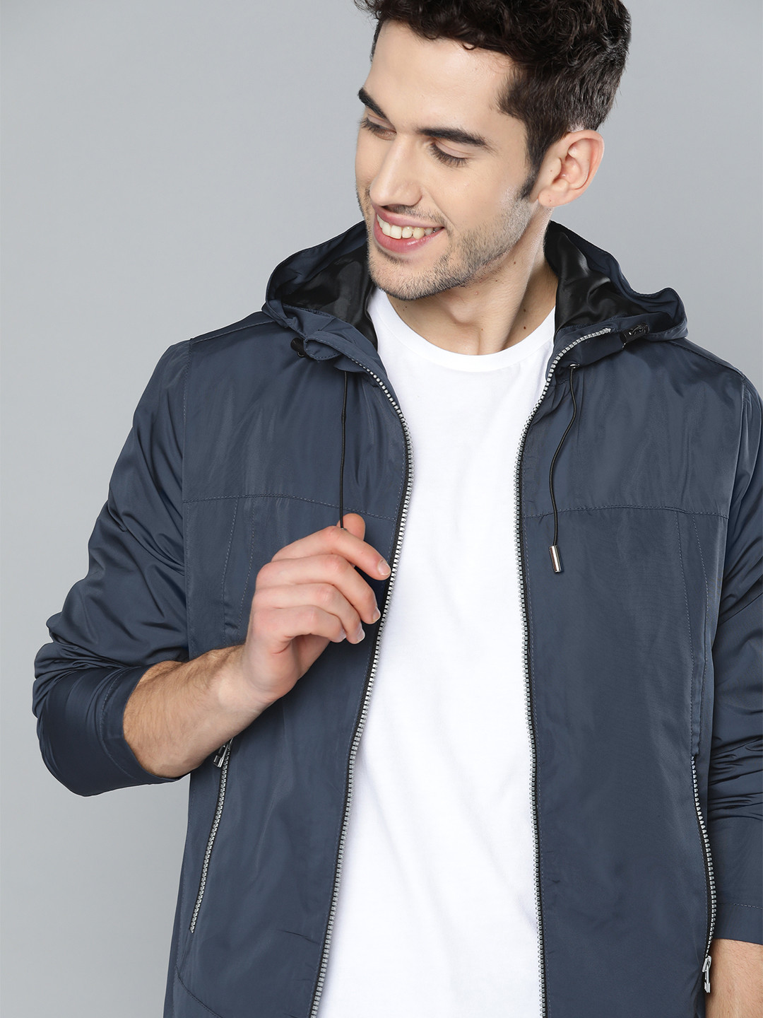 Buy Mast & Harbour Men Navy Blue Solid Hooded Tailored Jacket Jackets