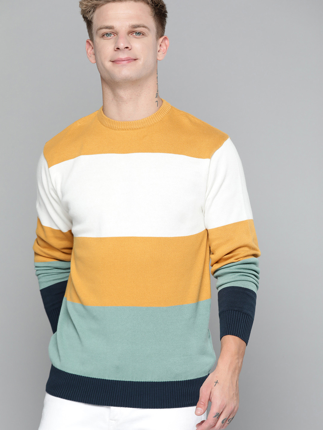 Buy Mast & Harbour Men Mustard Yellow & White Striped Acrylic Sweater Sweaters for Men