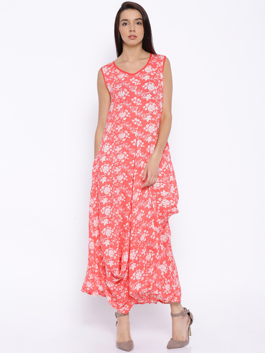 Buy BIBA Coral Pink Floral Print Maxi Dress Dresses for Women 1197844