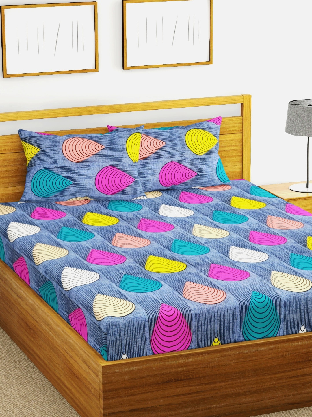 Buy URBAN SPACE Blue & Pink Striped 130 TC Cotton 1 Queen Bedsheet With