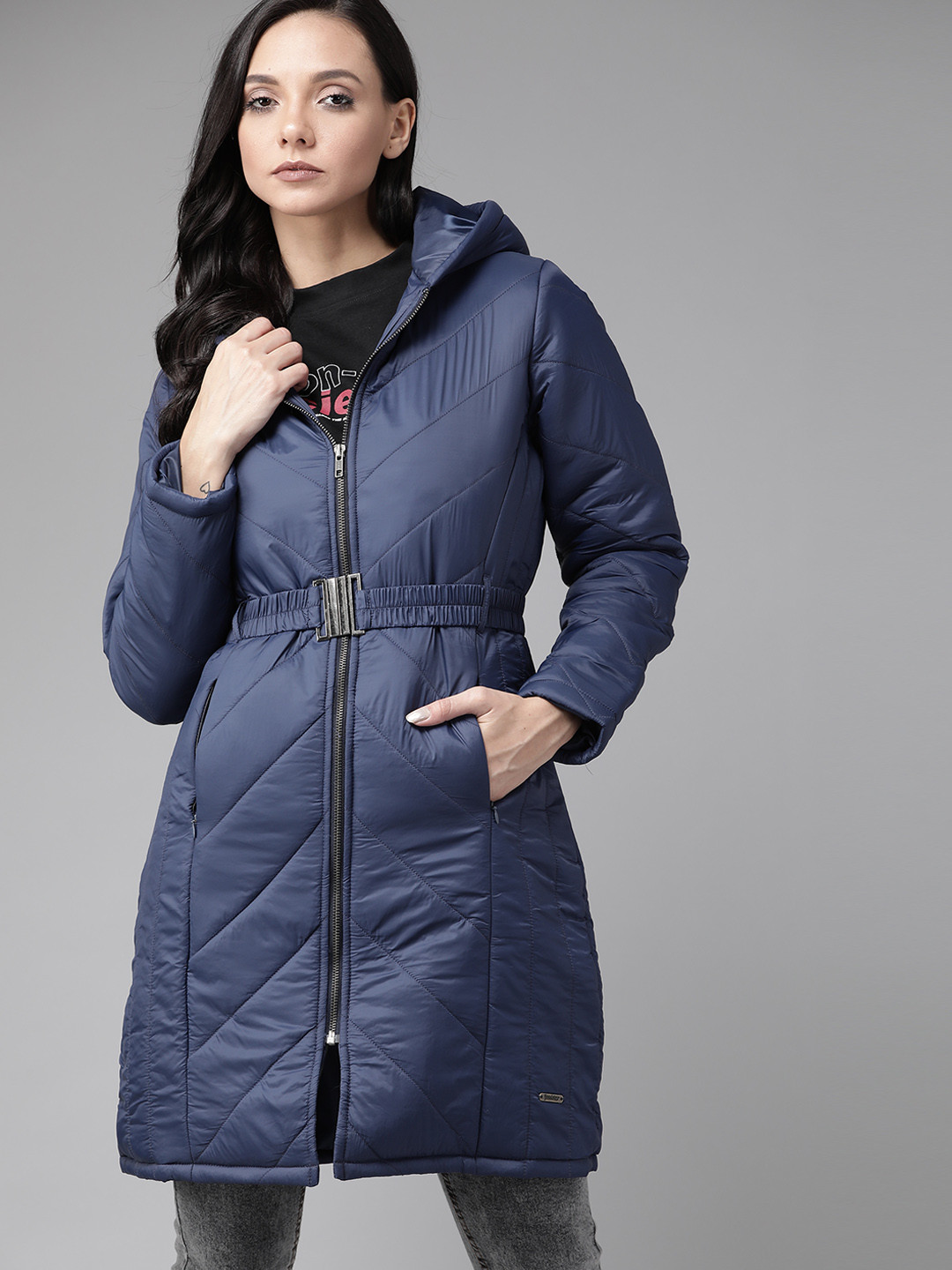 Buy Roadster Women Navy Blue Solid Longline Hooded Padded Jacket