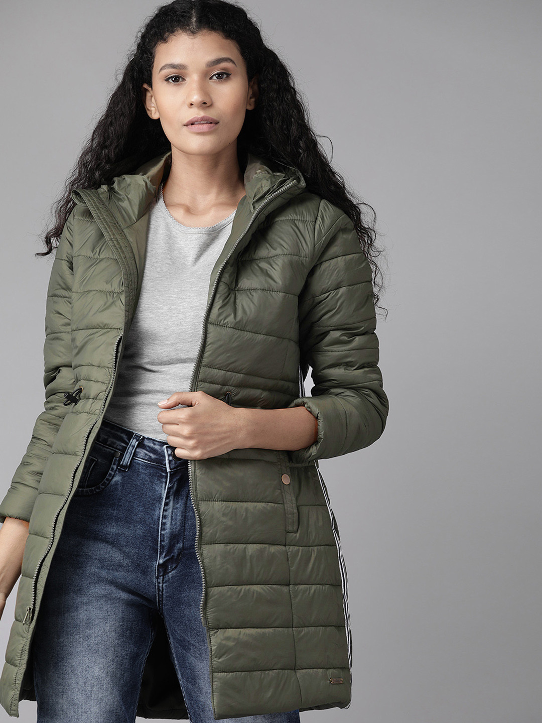 Buy Roadster Women Olive Green Solid Hooded Longline Puffer Jacket