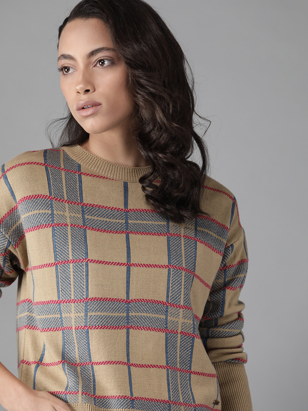 Buy Roadster Women Beige & Blue Checked Acrylic Sweater Sweaters for
