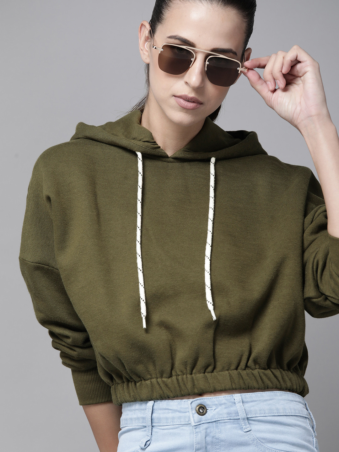 Buy Roadster Women Olive Green Solid Hooded Sweatshirt Sweatshirts