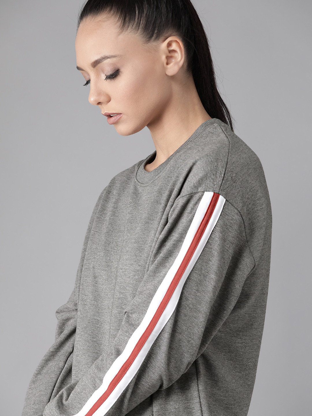 Buy Roadster Women Charcoal Grey Solid Sweatshirt With Side Taping